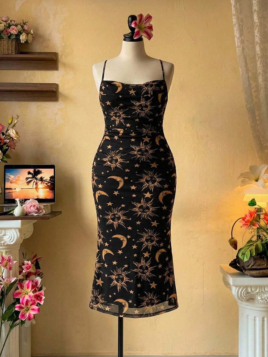 SHEIN MOD Plus Size Vintage Sun & Moon Print Elastic Mesh Bodycon Ruched Dress For Women,Birthday Dresses For Women.Fashionable Plus Size Black Gold Print Spaghetti Strap Bodycon Maxi Dress For Special Occasions.Spring/Summer Outfits - Multicolor - View 1