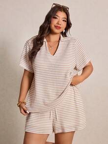 Elaquor Ensemble 2 pièces casual pour femmes grandes tailles, avec t-shirt polo rayé à manches courtes et short à cordon de serrage à la taille - Multicolore - Voir 5