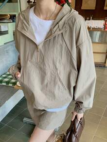 DAZY 女士高端长袖连帽风衣外套和裙子两件套 - 咖啡棕 - 查看 4