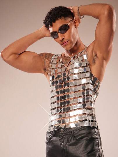 FeverCity 男士亮片拼接无袖圆领背心