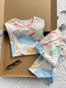 SHEIN 青少年女孩夏季可愛睡衣，熊圖案居家服，家庭配色拼色睡衣夏季套裝 - 彩色 - 查看 5