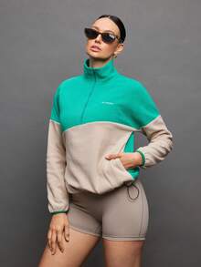 Activina Women's Letter Graphic Contrast Color Drop Shoulder Zip-Up Half Placket Pocket Fleece Sweatshirt - Green - View 5