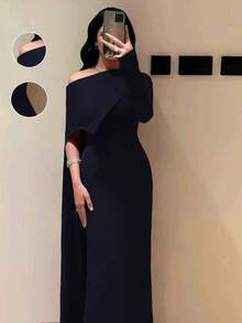 Elenzga Navy Blue Autumn Elegant Dining Asymmetric Shoulder Cape Style Long Dress,Chic Slim Fit One Off The Shoulder Lightweight Formal Gown For Women - Navy Blue - View 3