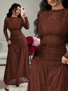 Elenzga 秋冬季女士交叉蕾丝荷叶边修身连衣裙，适合外出、约会、主题派对、庆祝活动等多种场合。 - 棕色 - 查看 1