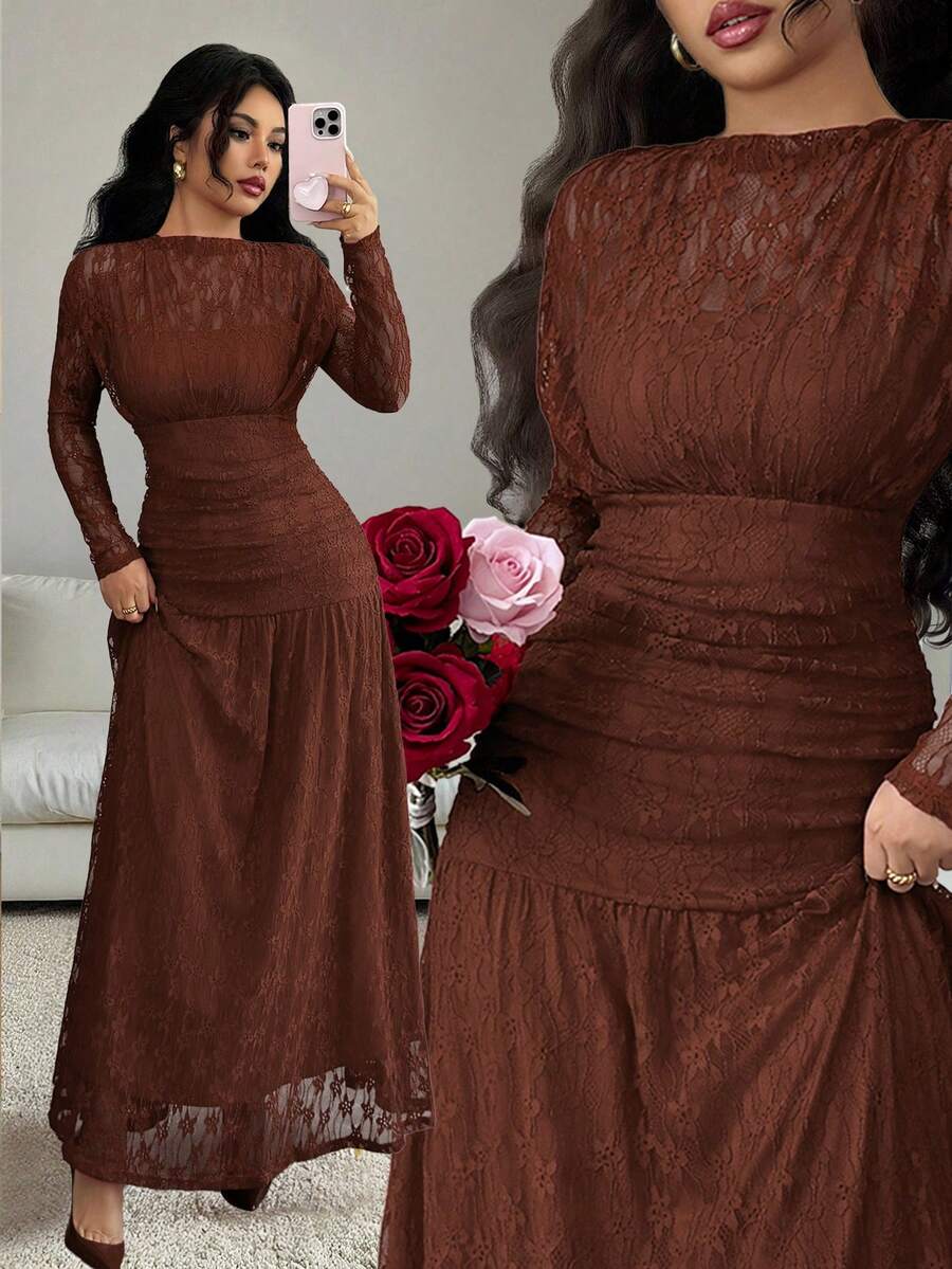 Elenzga 秋冬季女士交叉蕾丝荷叶边修身连衣裙，适合外出、约会、主题派对、庆祝活动等多种场合。 - 棕色 - 查看 1