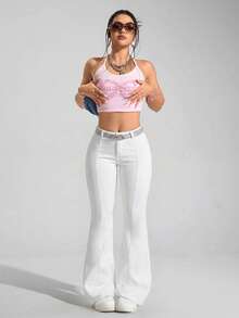 SHEIN PETITE Quần jeans ống loe trơn màu dành cho nữ, kiểu dáng tối giản, có đai lưng, thích hợp cho mùa hè. - trắng - Xem 3