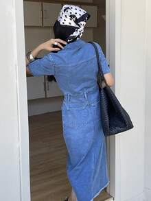 DAZY Women's Casual Washed Denim Shirt Dress With Faux Pockets And Slit, Summer - Medium Wash - View 2