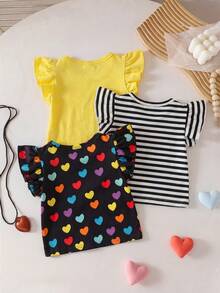 SHEIN Playful Pals Gentle Purple Stripe, 3D Bow Pattern, Young Girl Casual Simple Versatile Round Neck Cap Sleeve T-Shirt 1pc Suitable For Spring/Summer Daily Wear, - Multicolor - View 2
