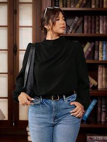 SHEIN Tall CURVE 大码女式褶皱优雅休闲长袖宽松衬衫，适合高个子女性，纯黑色衬衫 - 黑色 - 查看 7