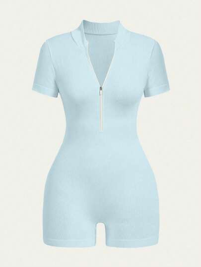 Dewbera Bộ áo liền quần thể thao ôm sát tay ngắn màu trơn