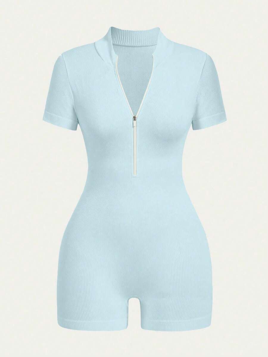 Dewbera Solid Color Short Sleeve Fitted Sports Jumpsuit Bodysuit Romper Zip Up Romper Seamless Romper Blue Bodysuit Ribbed Romper Tummy Control Romper - Mint Blue - View 1