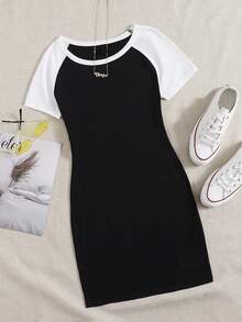 SHEIN EZwear 大码夏季撞色插肩袖紧身连衣裙 - 酒紅色 - 查看 1
