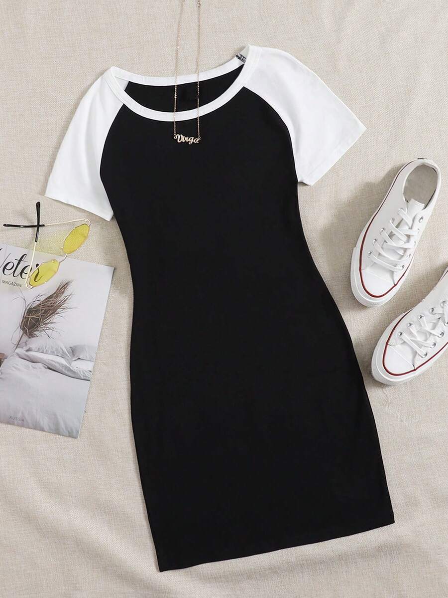 SHEIN EZwear 大码夏季撞色插肩袖紧身连衣裙 - 酒紅色 - 查看 1