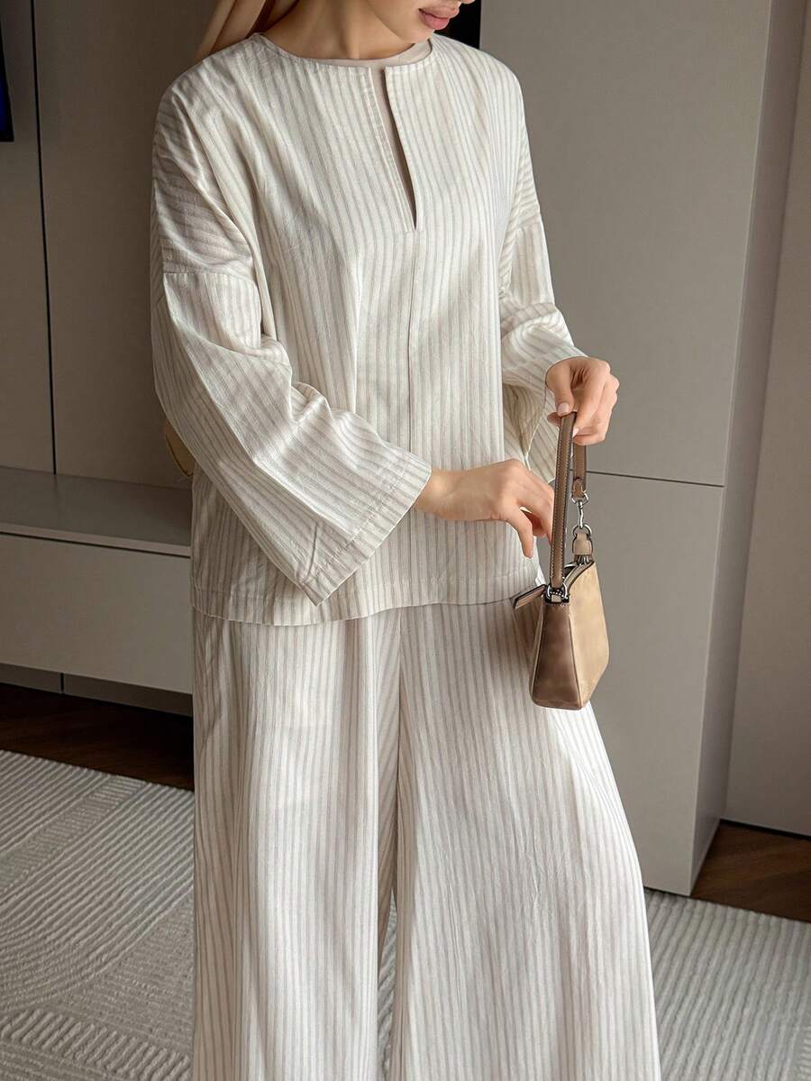 DAZY 2pcs/Set Women Striped White Loose Top And Casual Pants - White - View 1
