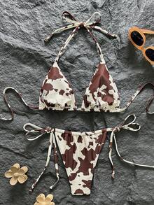 Swim Vcay Women's Sexy Backless Cow Print Halter Neck Bikini Set, Beach Vacation Style - Multicolor - View 2