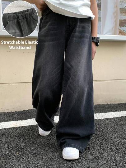 Jeans sueltos de diseño de cintura elástica cómoda y sencilla, de estilo vintage y cool, en azul y negro, para ropa casual de moda para adolescentes y niños, atuendos de primavera a verano, festivales y ropa de calle