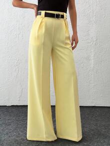 EURMUSE Women Solid Color Belted Detailed Wide Leg Pants - Kuning muda - View 4