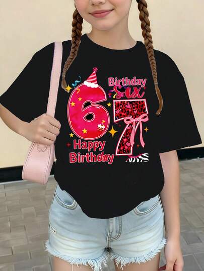 1pc Young Girl Casual Fashion Creative Unique Fresh Minimalist Stylish Number 67 Happy Birthday Star Letter Slogan Print Comfortable Basic Short T-Shirt, Warm And Cozy Summer/Autumn Style, Suitable For Girls