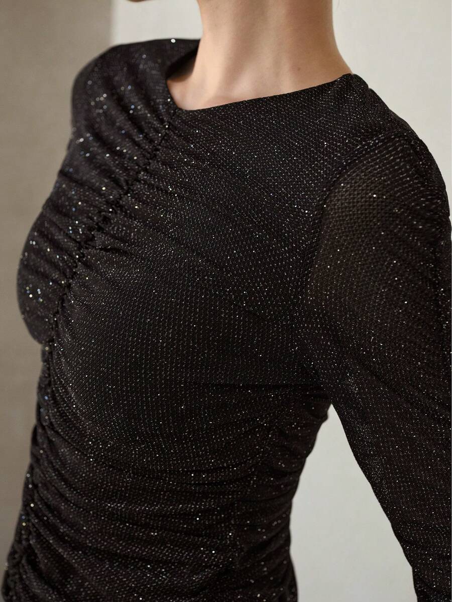 MOTF PREMIUM FASHIONABLE SHINY GATHERED RUCHED DETAIL STRETCHY KNIT LONG SLEEVE T-SHIRT, AUTUMN/WINTER - Black - View 2