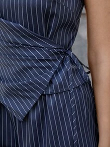 Opuloom Women's Striped Woven One-Shoulder Wrap Shirt With Ruched Side Tie Bow And Asymmetric Hem, Paired With Straight Leg Pants, Business/Office/Casual Wear, Spring/Summer - Multicolor - View 6