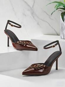 SHUZIA Women's Elegant Point Toe Ankle Strap Pumps - Coffee Brown - View 1