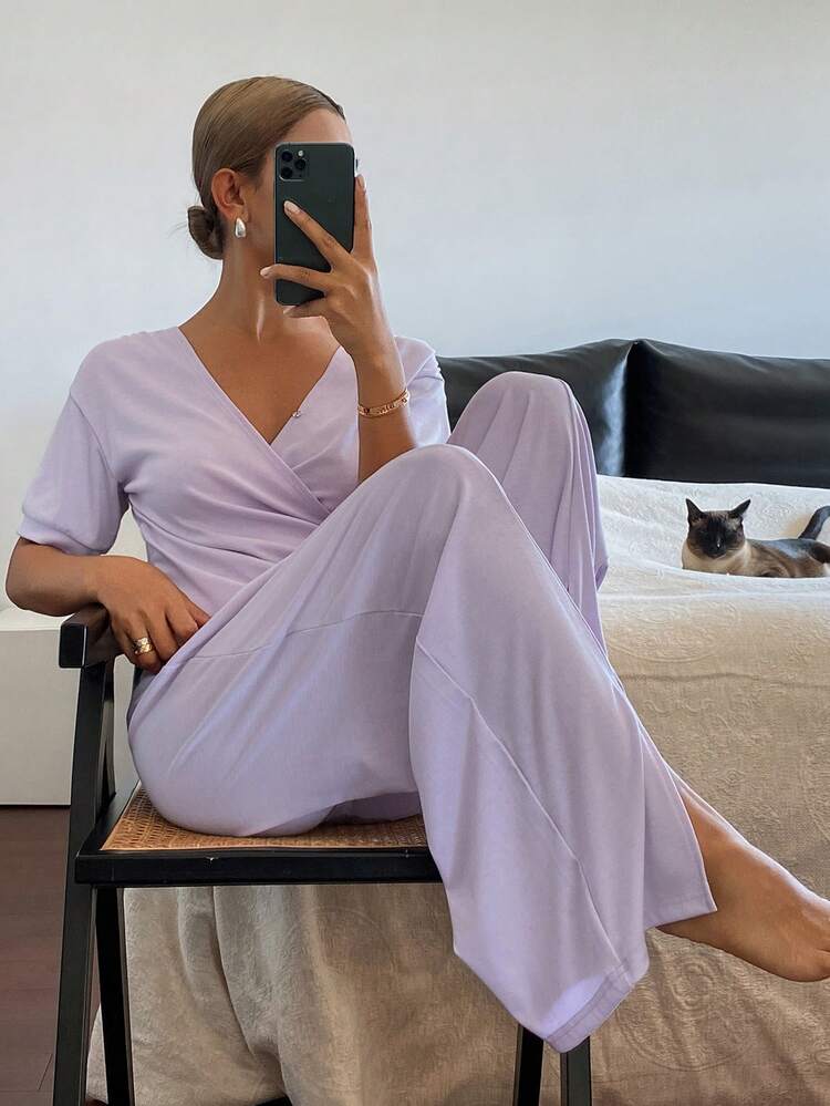 Solid Color Knit Pleated Short Sleeve & Long Pants Women Pajama Set