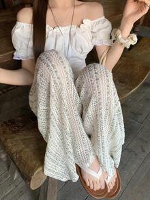 DAZY Women's Tie-Dye Hollow Out Wide Leg Pants, Korean Style Versatile Summer Trousers - Baby Blue - View 1