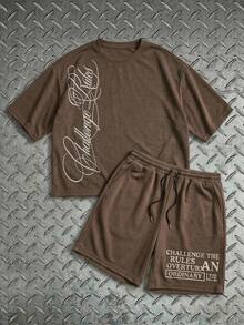 AXEPEAK Men's Simple Print Short Sleeve T-Shirt And Shorts Set - Coffee Brown - View 11
