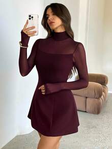 SHEIN Tall Vestido curto feminino elegante de gola alta, modelagem evasê, com cintura transparente e mangas compridas, na cor bordô, perfeito para o outono/inverno. Ideal para festas, encontros, eventos românticos, saídas à noite e até mesmo para convidadas de casamento. - Borgonha - Ver 1