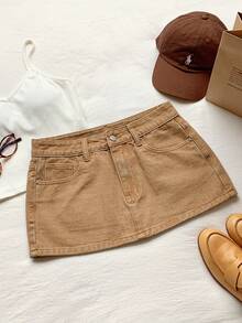 Comfortcana Chân váy denim tối giản màu trơn dành cho nữ, thích hợp cho mùa hè, kỳ nghỉ xuân, ngày Valentine, lễ hội, trang phục đi biển, kỳ nghỉ và mặc hàng ngày. - Màu Khaki - Xem 4