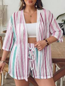 SHEIN VCAY Plus Size Women Blue & White Striped Shirt And Shorts Knit 2 Pieces Set, Summer Vacation, Summer Outfits Boho Two Piece Set Beach Shorts Set - Multicolor - View 6