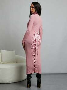 NYA SZN Dress Long Sleeve Turtle Neck Fitted Sweater Business Casual Everyday Cool Girl Ibiza Halloween Holiday Midi Length Fall Winter Outfits Women - Baby Pink - View 5