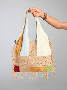 ROMWE Kawaii 1 pieza Bolso de hombro grande con forma de pez y bloques de color, Bolso bohemio de ganchillo para mujer, adecuado para la playa, vacaciones y uso diario - Caqui - Ver 5
