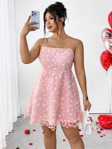 Elenzga Elegantes kurzes Kleid in Große Größen für Damen, mit gewebter Stickerei, Mesh-Lagen und Blumenmuster, Pink - Pink - Übersicht 10