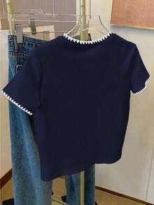 Resyla Camiseta casual de mujer con bordado y ribete de contraste, verano - Negro - Ver 2