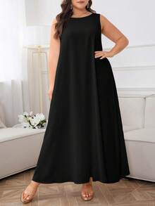 Al Najma Plus Size Women's Sleeveless Solid Color Arabic Style Dress - Black - View 3
