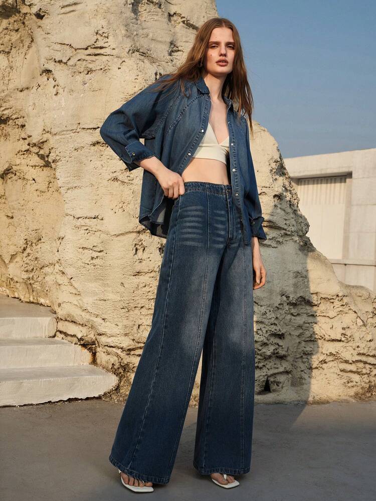 WOMEN'S WASHED DENIM WIDE LEG PANTS, SPRING