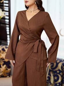 Modelyn 大码女式纯色裹身系带长袖衬衫和阔腿裤休闲两件套 - 咖啡棕 - 查看 4