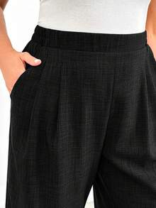 SHEIN Essnce Quần dài nữ cỡ lớn màu đen, chất liệu 100% cotton, dáng rộng, có túi. - màu đen - Xem 6