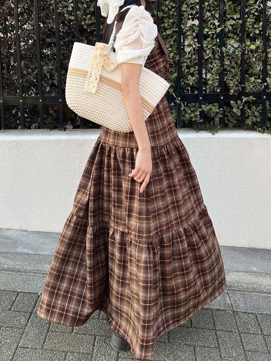 FRIFUL Women's Plaid Minimalist Casual Long Dress Summer - Brown - View 1