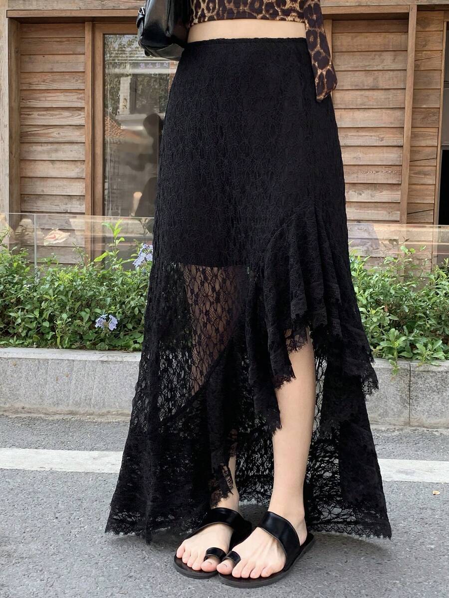 DAZY Women's Lace Patchwork Asymmetric Ruffle Hem Elegant Skirt - Black - View 1