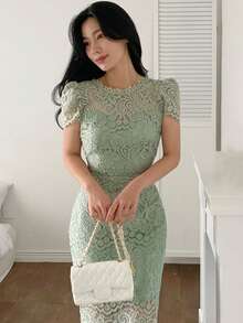 DAZY 女士收腰修身蕾丝泡泡袖中长连衣裙夏季吊带裙 - 綠色 - 查看 8