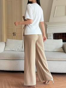 DAZY 2pcs Women Crew Neck Ruched Drawstring Short Sleeve Top And Pants Set - Khaki - View 2