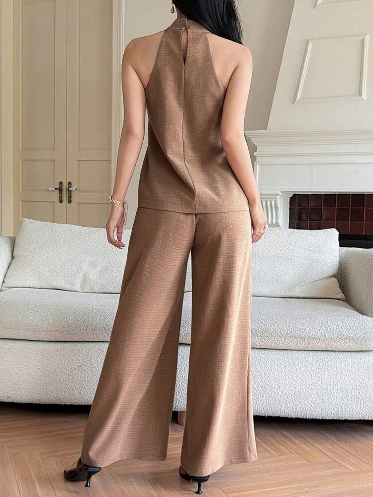 Women's Casual Solid Color Halter Neck Camisole And Wide Leg Pants 2-Piece Set, Spring/Summer