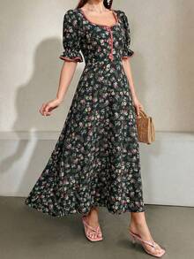 Modelyn Đầm maxi dài tay phồng họa tiết hoa dành cho nữ, phối viền tương phản, thích hợp cho buổi tối. - Màu xanh lá cây đậm - Xem 6