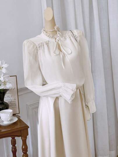 Modelyn New Luxury Elegant Lantern Sleeve Ruffle Beaded Charming Romantic Party Blouse