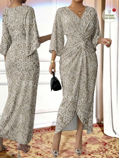 SHEIN Lady Plus-Size Women's V-Neck Three-Quarter Sleeve Batwing Dress, Knotted Waist, Faux Lace Print. Summer Dress, Party Dress, Wedding Guest Dress, Birthday Dress, Elegant Women's Wear.