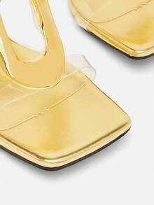 Glitzique 欧美风格方扣坡跟露趾凉鞋，时尚一脚蹬高跟穆勒鞋，适合夏季穿着 - 金色 - 查看 11