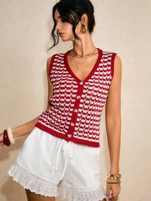 Poéselle Women's Knitted Cardigan, Fashion Spring/Summer New Arrival - Red and White - View 7