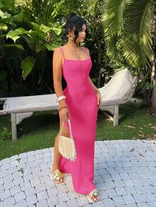 SHEIN SXY 无袖高开衩连衣裙，纯色，夏季 - 玫紅色 - 查看 5